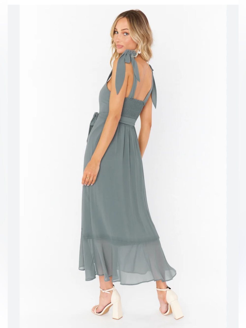 $180 Show Me Your Mumu Claire Midi Dress ~ Deep Sage Chiffon Bridal NWT Small - Picture 3 of 9